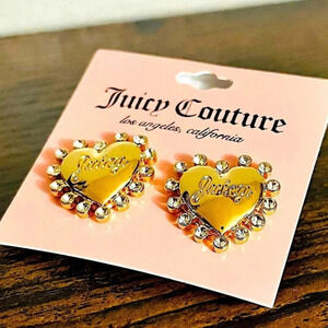 Juicy Couture Gold Tone Heart Crystal Stud Earrings Rhinestone NWT